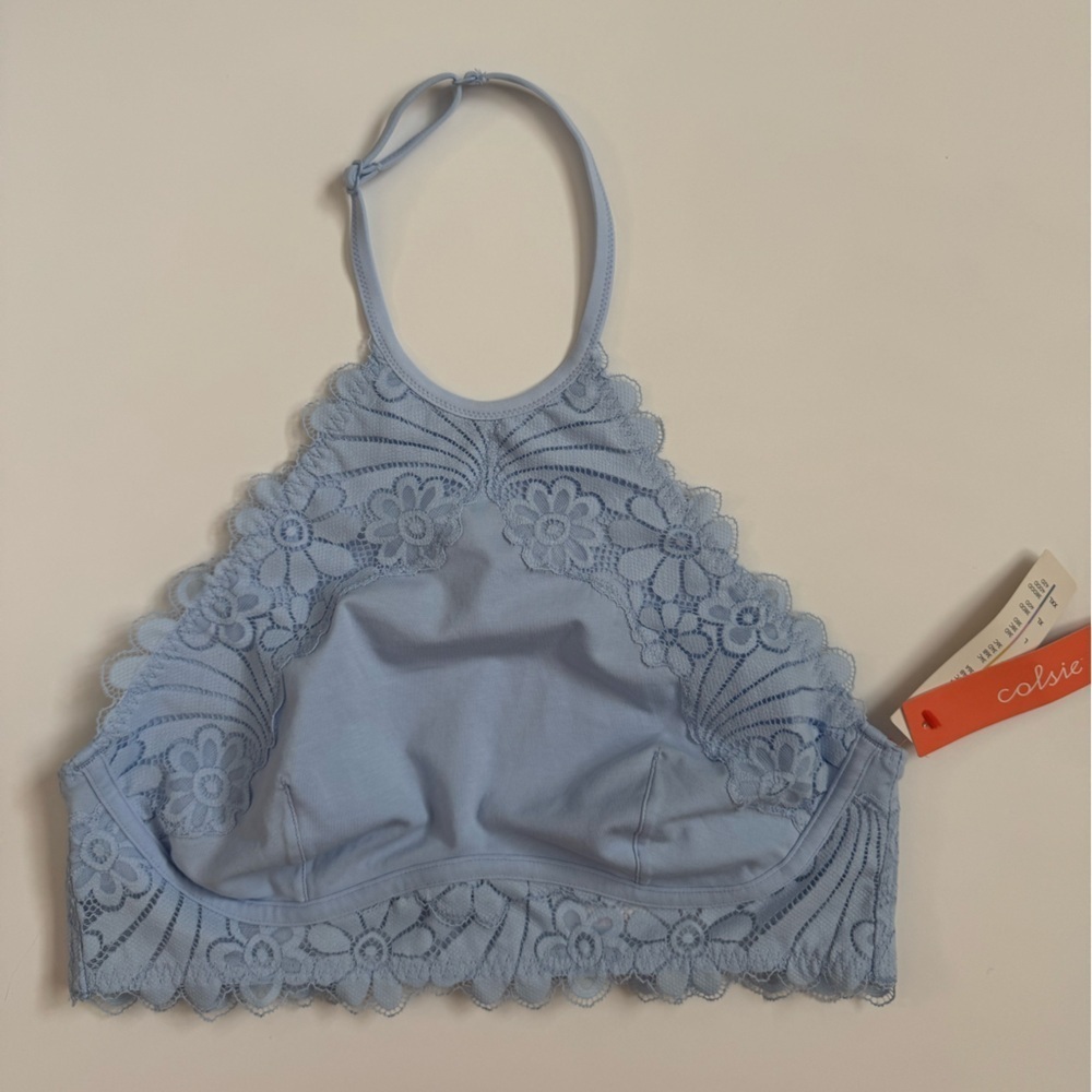 Colsie Women’s Seamless Blue Lace Bralette NWT Size Medium Halter Bra Top